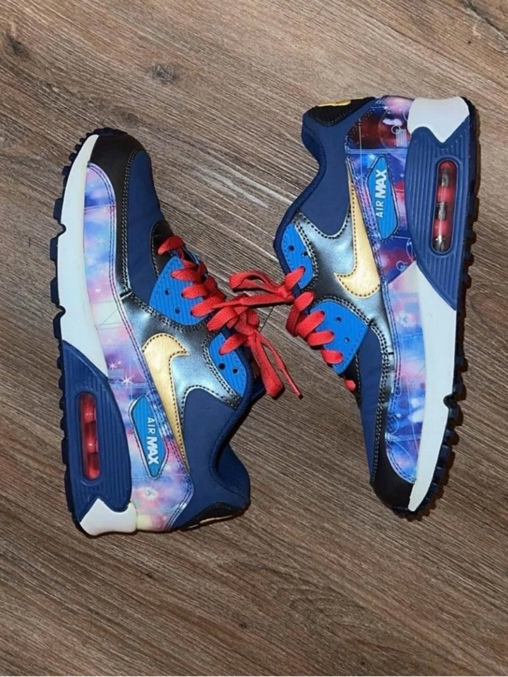 Nike Kids Navy Blue and Gold Air Max Sneakers with Red Laces